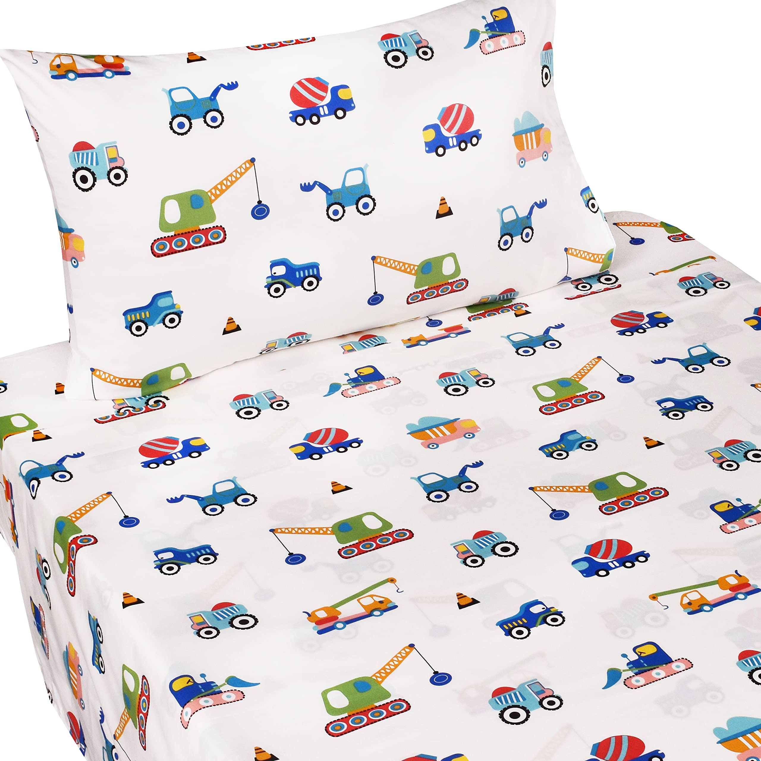 J-Pinno Build Construction Engineering Vehicle Cars Trucks Crane Digger Cartoon 100% Cotton Twin 3 Pieces Sheet Set Decoration K